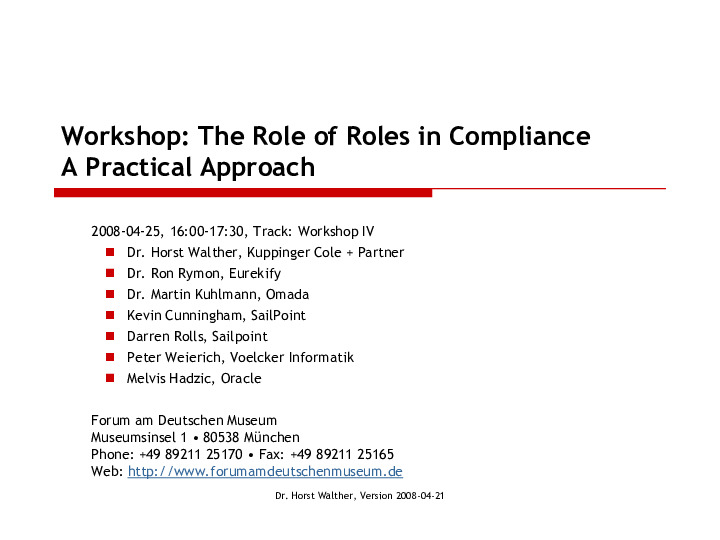 The Role of Roles in Compliance – A Practical Approach